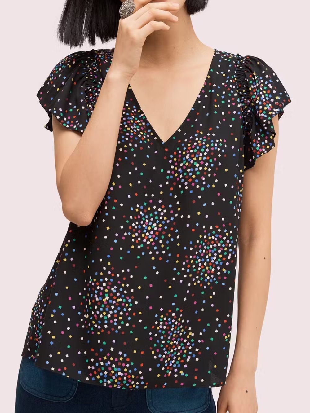 Kate Spade Black Confetti Print Ruched Sleeve Blouse Size S